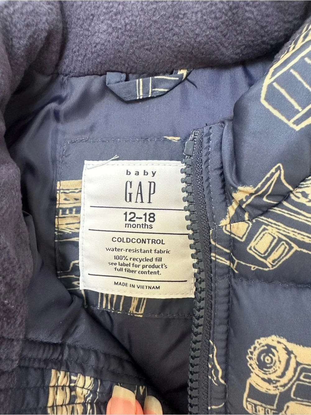 GAP Navy Puffer Vest with Tan Construction Print NWT 12-18 mo